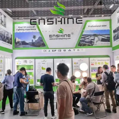 crowded canton fair lighting booth with global buyers