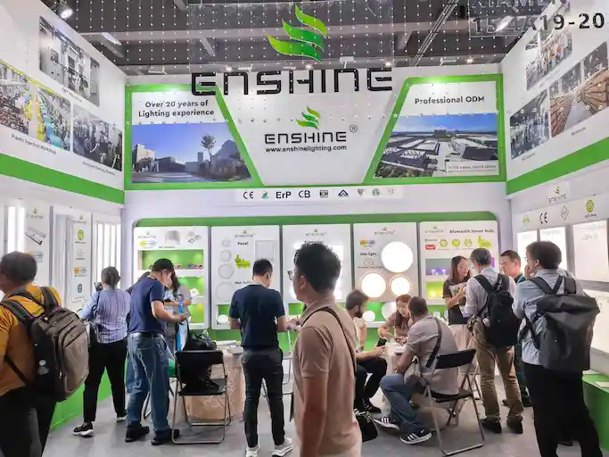 crowded canton fair lighting booth with global buyers
