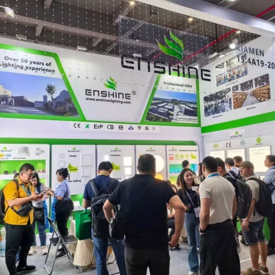 crowded canton fair lighting booth with global buyers