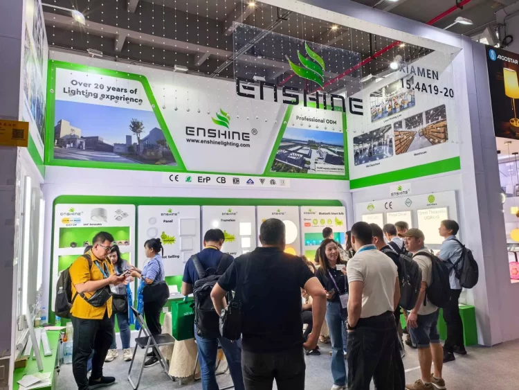 crowded canton fair lighting booth with global buyers