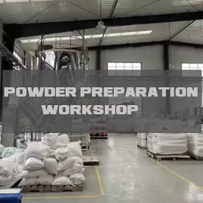 Ceramic powder preparation workshop with mixing and milling equipment.