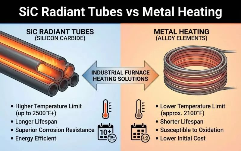 SiC radiant tubes vs metal heating comparison infographic