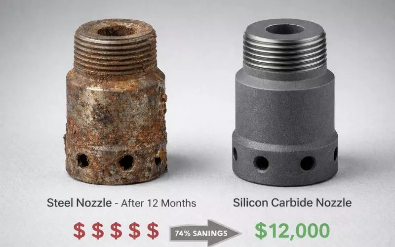 Worn steel nozzle vs silicon carbide nozzle comparison