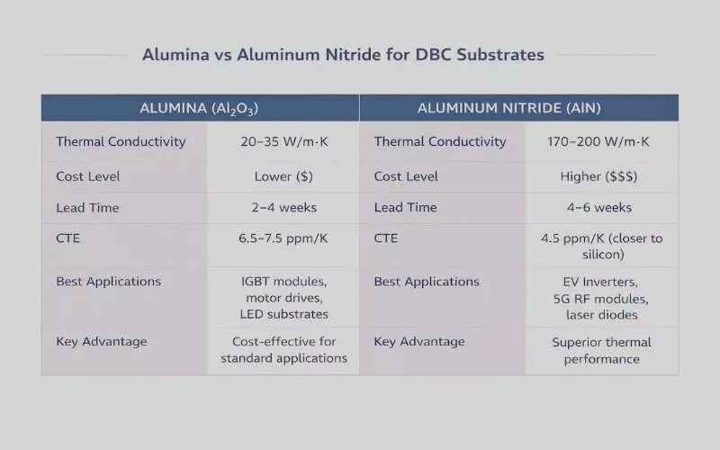 Alumina vs aluminum nitride material comparison for DBC substrates