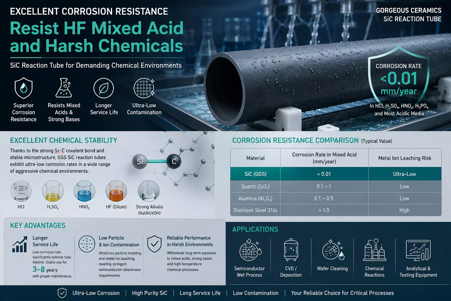Silicon carbide reaction tubes resist corrosion from HF-containing mixed acids and possess comprehensive corrosion resistance.