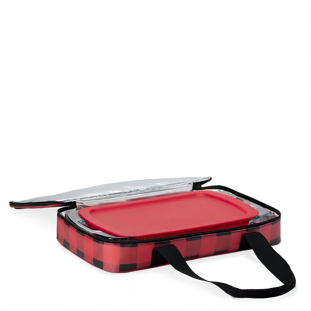 swig-life-signature-dishi-casserole-carrier-buffalo-plaid-open-with-baking-dish