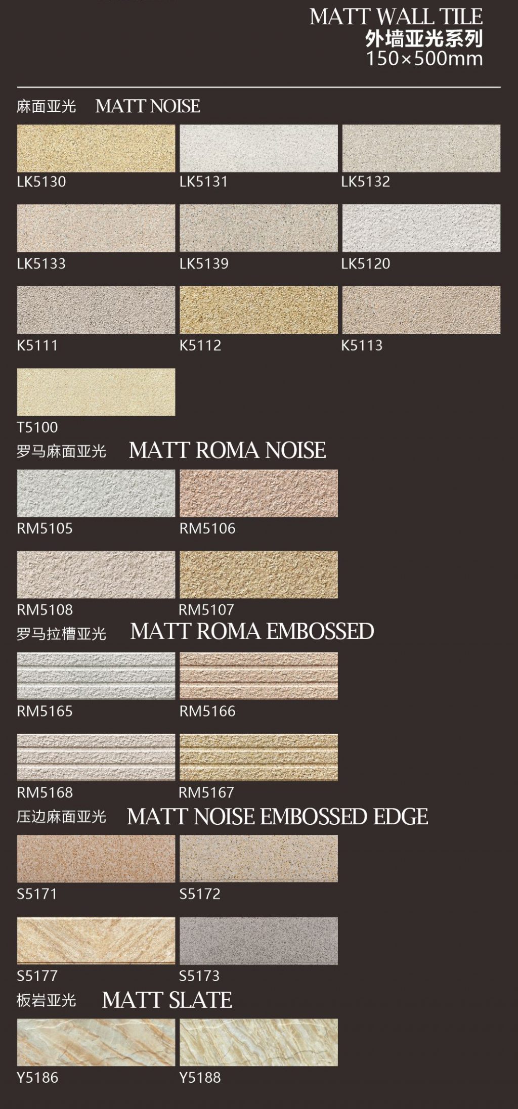 Matt Wall Tile Flat Noise Roma Embossed Look Slate 150*500mm