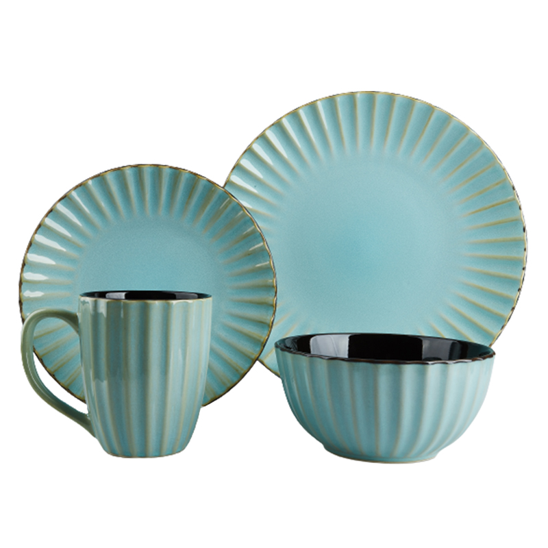 Modern Embossed Colored Ceramic Dinner Salad Plate Cereal Bowl Reactive Glaze,