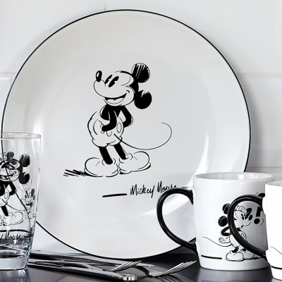 Black Wite Mickey Porcelain Dinnerware Plate Mug Glass Cup