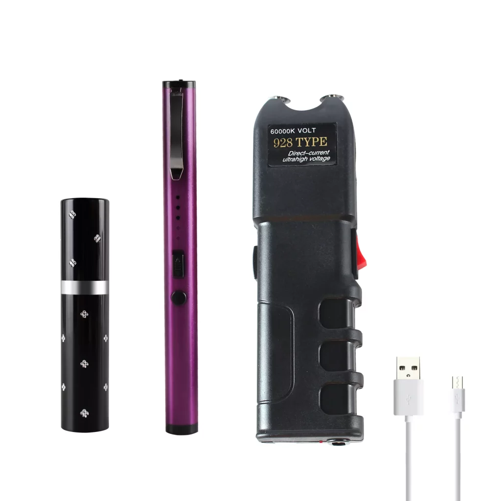 MagiUSA black lipstick purple pen Mini Stun Gun black heavy Stun Gun Flashlight Less Lethal Tazor Self Defense Siren Stun Fun USB Recharge 3 pc Combo