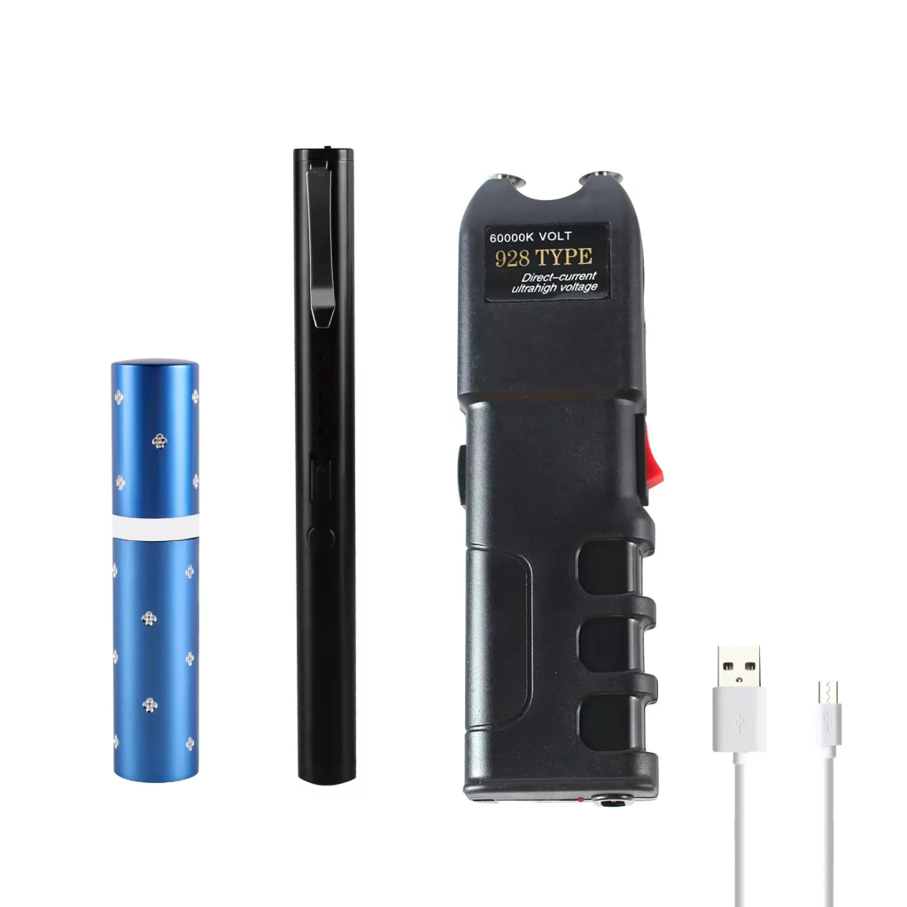 MagiUSA blue lipstick black pen Mini Stun Gun black heavy Stun Gun Flashlight Less Lethal Tazor Self Defense Siren Stun Fun USB Recharge 3 pc Combo