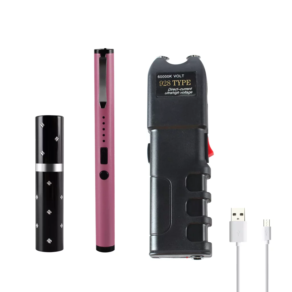 MagiUSA black lipstick Pink pen Mini Stun Gun black heavy Stun Gun Flashlight Less Lethal Tazor Self Defense Siren Stun Fun USB Recharge 3 pc Combo