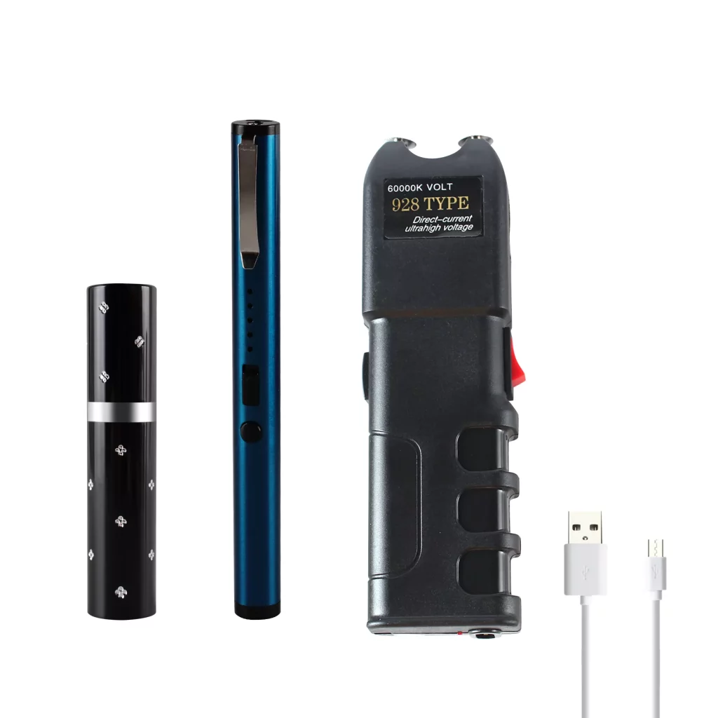 MagiUSA black lipstick blue pen Mini Stun Gun black heavy Stun Gun Flashlight Less Lethal Tazor Self Defense Siren Stun Fun USB Recharge 3 pc Combo
