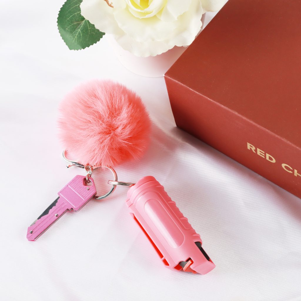 Pepper Spray, Key Knife & Pompom Ball, Pink