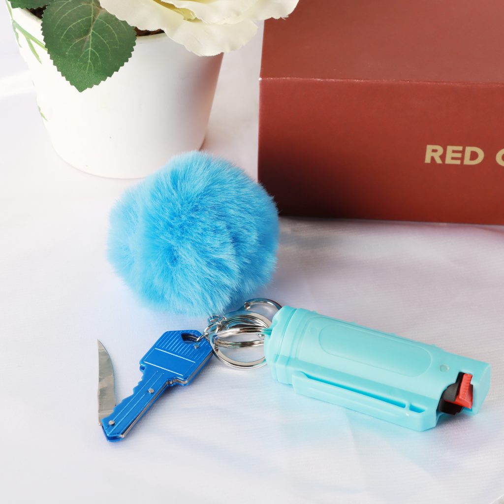 Pepper Spray, Key Knife & Pompom Ball, Blue