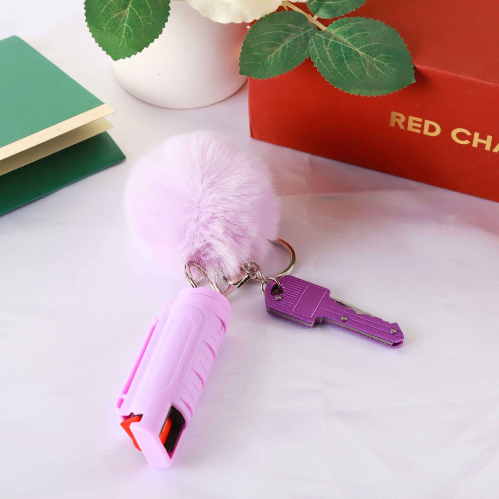 Pepper Spray, Key Knife & Pompom Ball, Purple