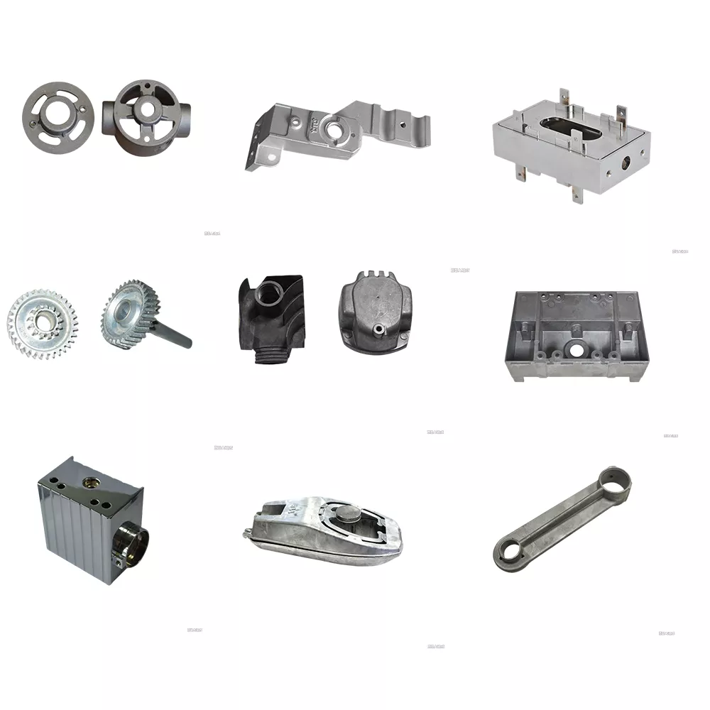 Range of zinc alloy die cast industrial parts showing cast-in features, ribs and as-cast tolerances