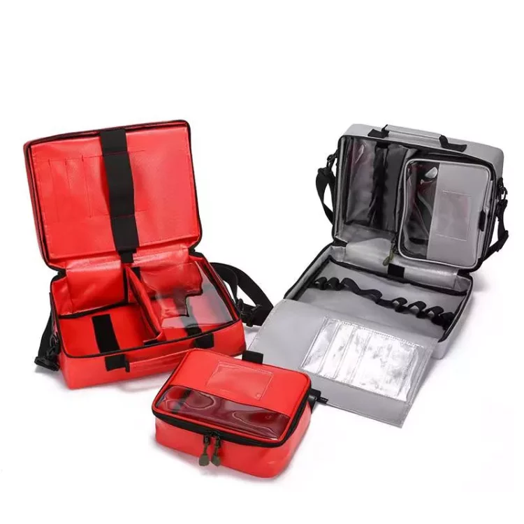fire rescue medical bag with organized internal trauma compartments