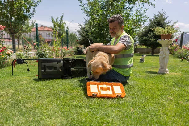 Hunting dog with handler and field first aid kit during outdoor hunting activity