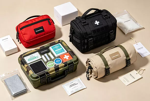 different OEM and ODM custom dog first aid kits for hiking, featuring variations in bag styles, branding methods, packaging formats, and configuration types