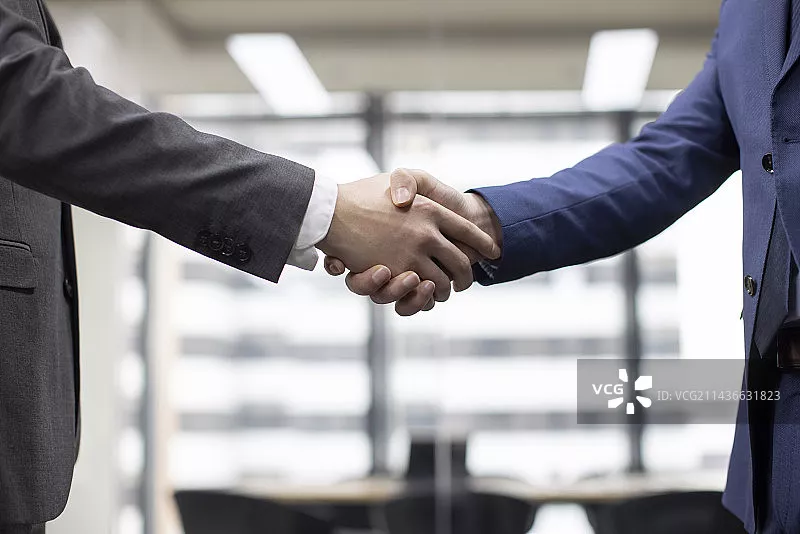 Two businessmen in formal suits shaking hands firmly in a modern office setting, symbolizing partnership and business agreement.