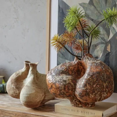 Abstract organic textured ceramic vases set - earthy brown rustic handmade decor pots for home styling