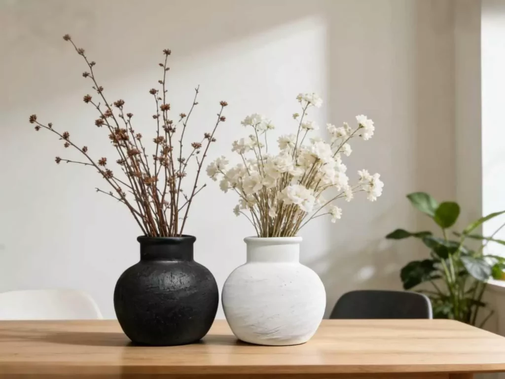 Matte Black & White Ceramic Vase Set - Textured Round Vases for Dried Florals