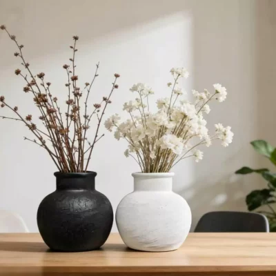 Matte Black & White Ceramic Vase Set - Textured Round Vases for Dried Florals