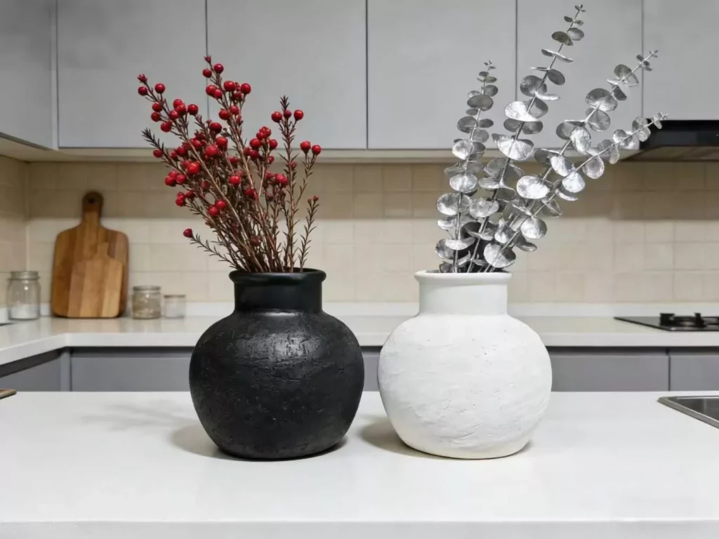 Matte Black & White Ceramic Vase Set - Textured Round Vases for Dried Florals
