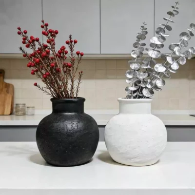 Matte Black & White Ceramic Vase Set - Textured Round Vases for Dried Florals