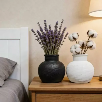 Matte Black & White Ceramic Vase Set - Textured Round Vases for Dried Florals