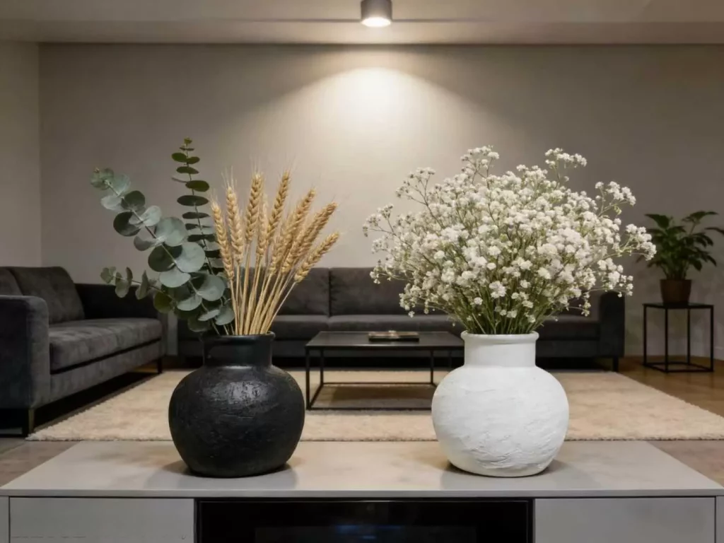 Matte Black & White Ceramic Vase Set - Textured Round Vases for Dried Florals