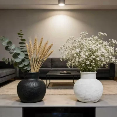 Matte Black & White Ceramic Vase Set - Textured Round Vases for Dried Florals