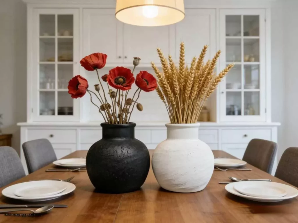 Matte Black & White Ceramic Vase Set - Textured Round Vases for Dried Florals