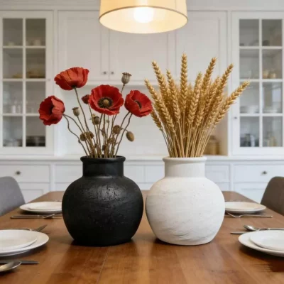 Matte Black & White Ceramic Vase Set - Textured Round Vases for Dried Florals