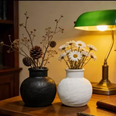 Matte Black & White Ceramic Vase Set - Textured Round Vases for Dried Florals