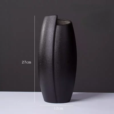 Black matte ceramic vase with vertical texture, modern home decor for flowers