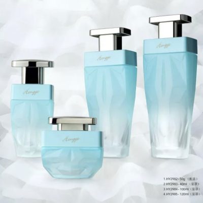Square light blue glass cosmetic bottle
