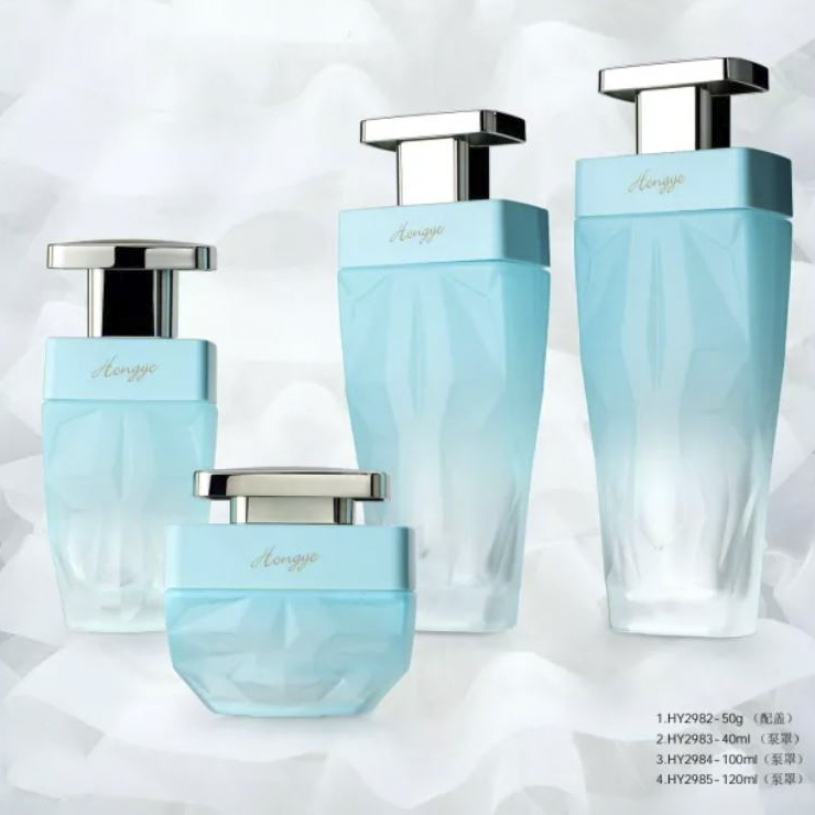 Square light blue glass cosmetic bottle