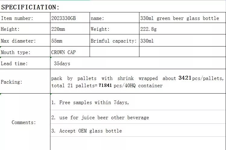 330ml green beer bottel specificiation