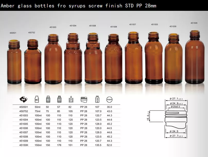 50 to 150ml amber glass bottles for syrups screw finish STD PP 28mm