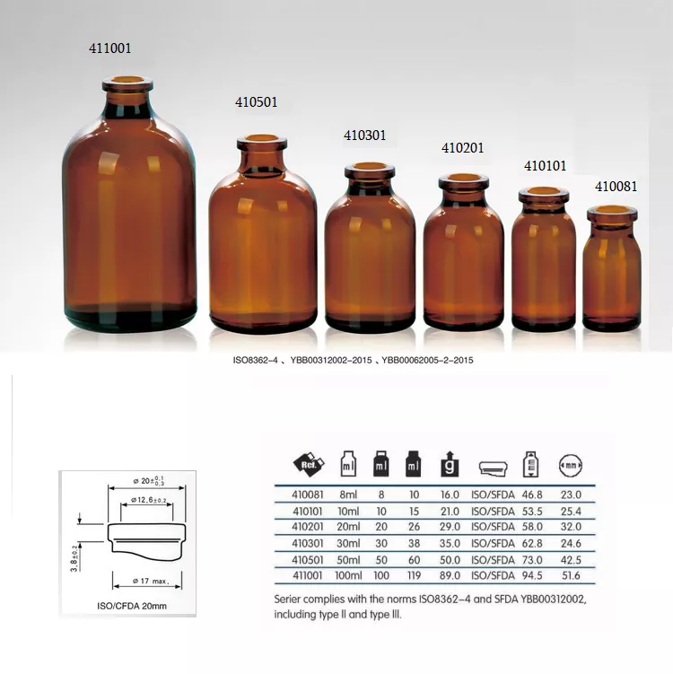 8ml to 100ml amber moulded injection vials