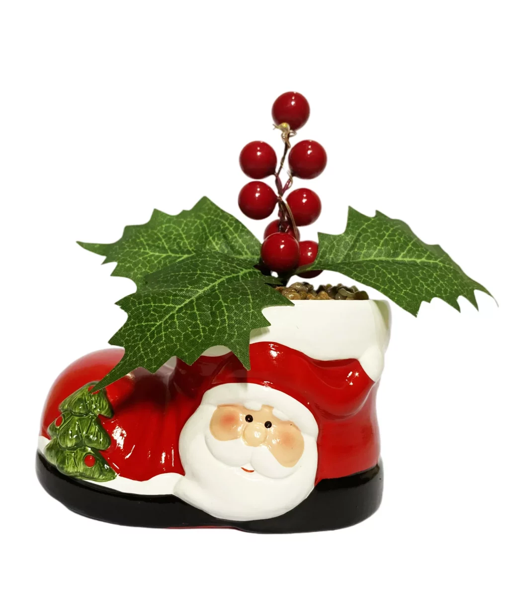 Cute Hand-painted Terracota Santa Booth with Artificial Christmas Plants for Holiday Decoration