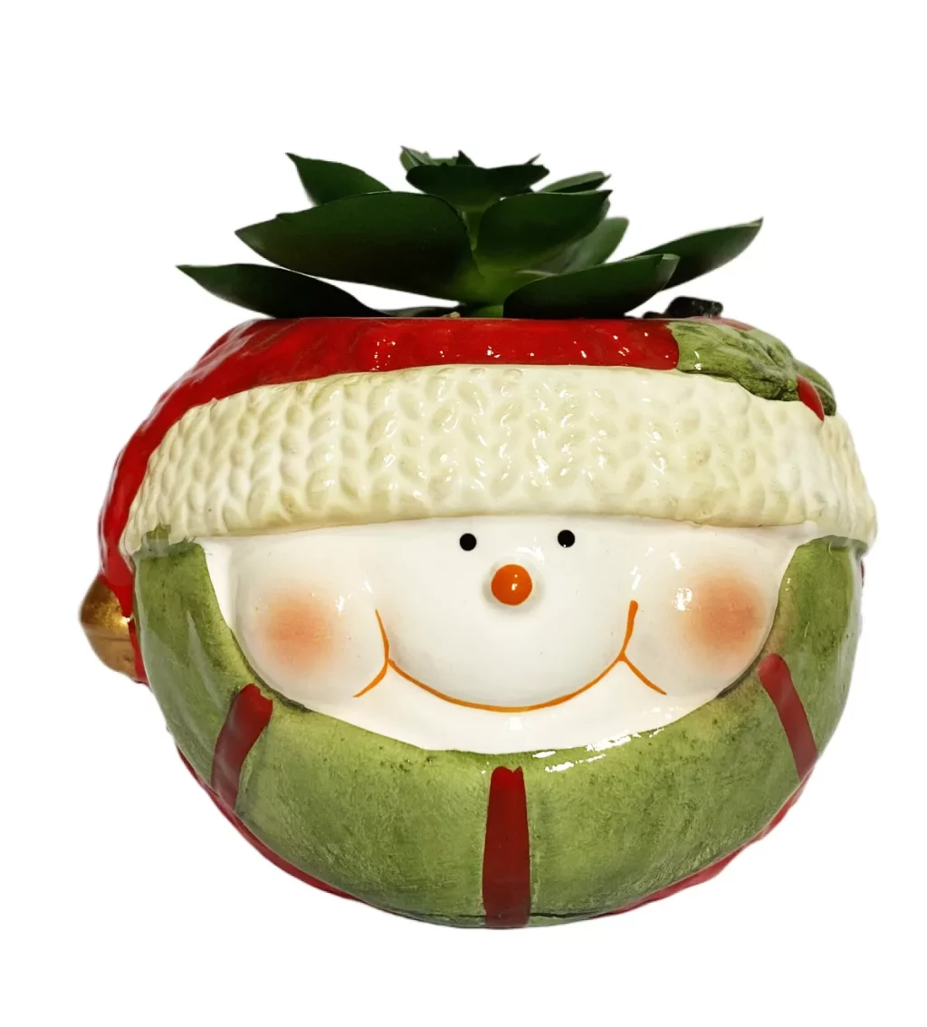 Christmas Decoration Color Painting Terracotta Snowman Head Pot with Mini Artificial Succulent