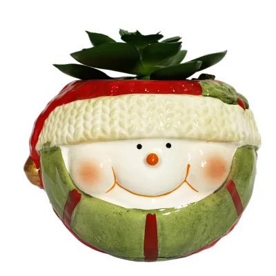 Christmas Decoration Color Painting Terracotta Snowman Head Pot with Mini Artificial Succulent