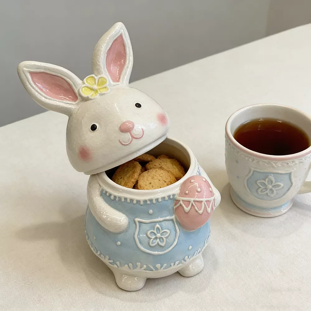 Hand-painting Easter Bunny with Blue Skirt Ceramic  Candy Jar