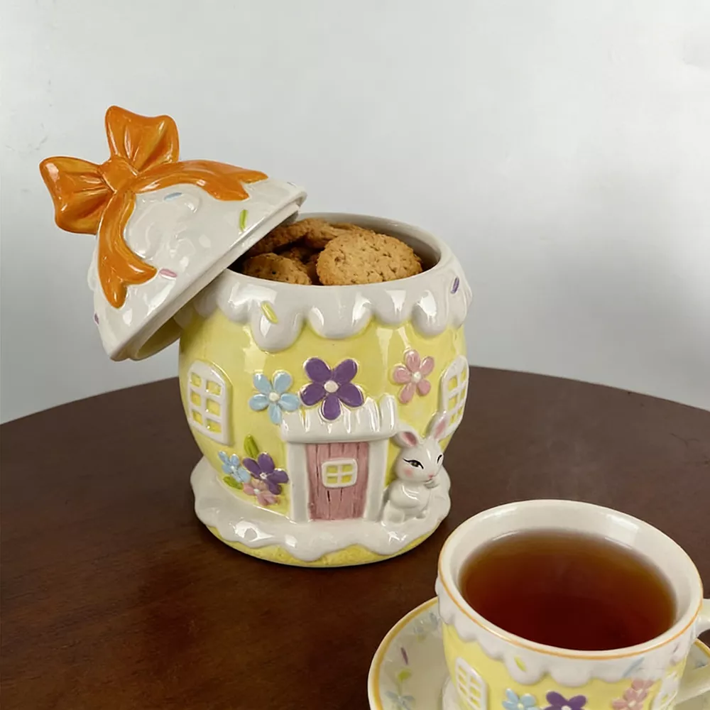 Bowknot Lid Spring Easterday Rabbit Design Ceramic Candy Jar