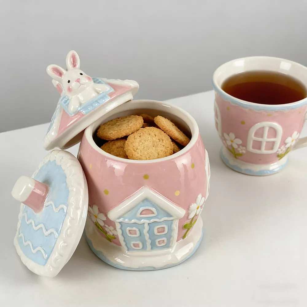 Easter Rabbit Lid Ceramic House Design Cookie Jar
