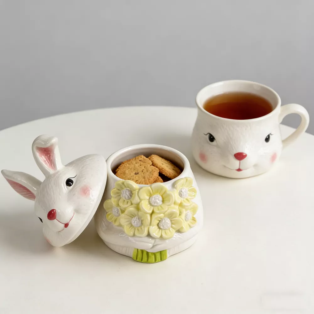 Daisy Decored Hand-painted Rabbit Head Cookie Jar