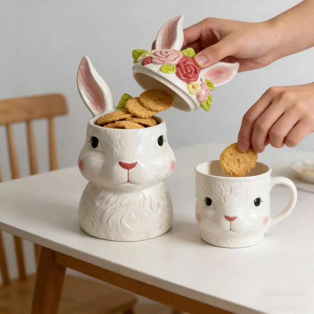 Florial Decor Hand-Painted Rabbit Head Cookie Jar